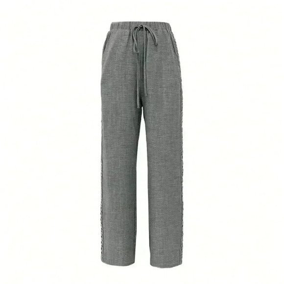 Dark Grey Casual Women's Drawstring Side Splicing Lace Trim Wide Leg Pants - Picture 4 of 4